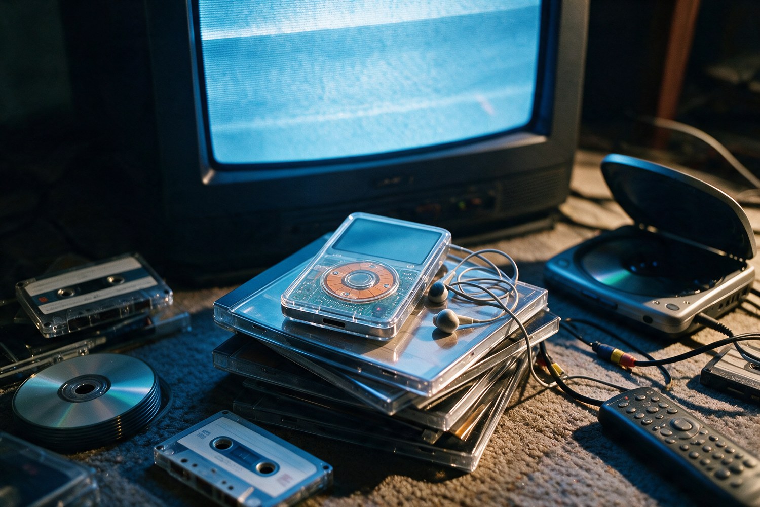 The Ghost build resting on a stack of CD jewel cases beside a switched-on CRT television.